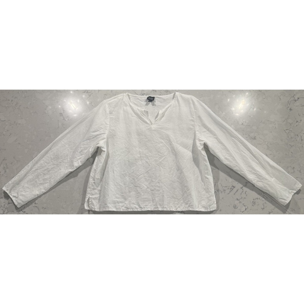 Eileen Fisher Linen Blouse Top Womens Medium White Split Neck Long Sleeve
